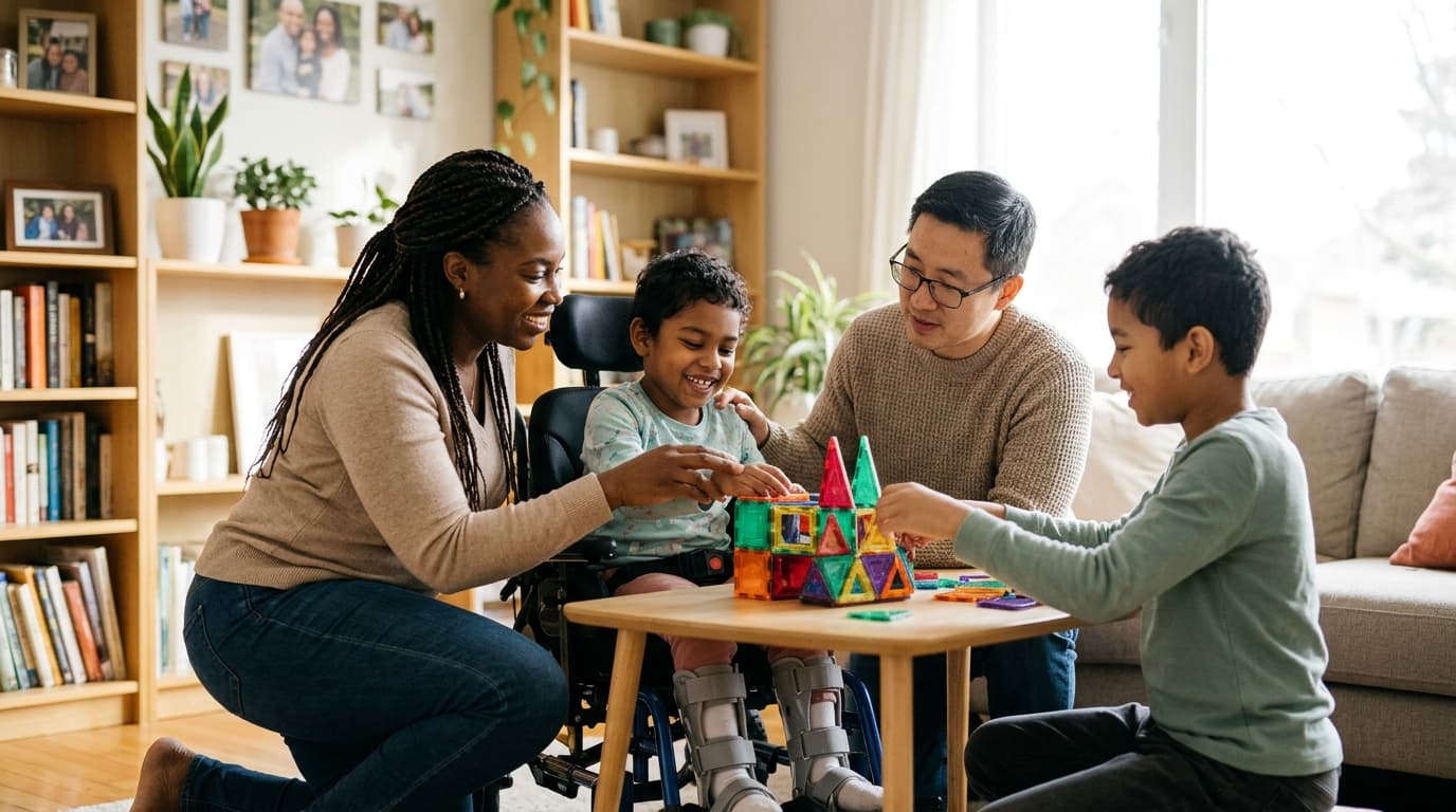 A loving family and child facing disabilities playing joyfully together